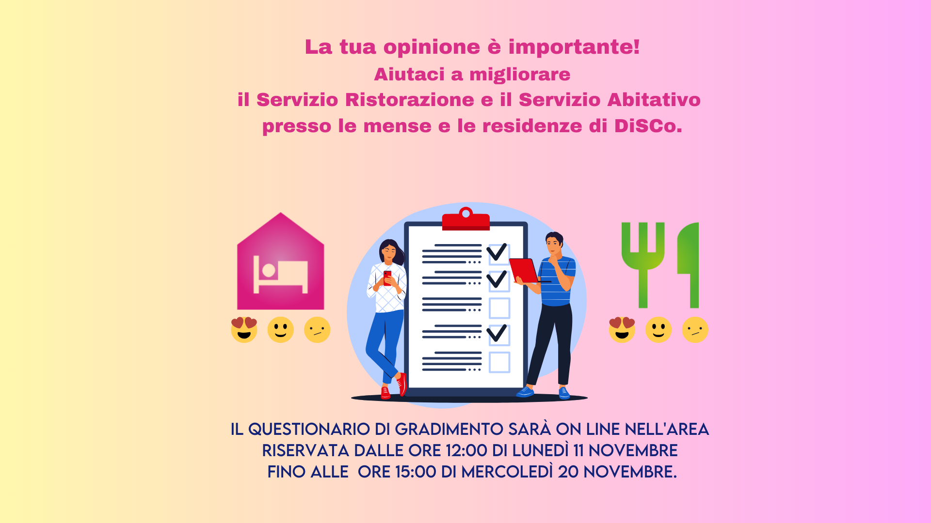 illustrazione - invito a partecipare al questionario su mense e alloggi